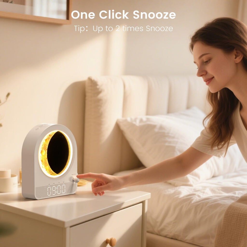 Epochleno Sunrise Alarm Clock, White Noise Machine & Meteor Moonlight - 10 Soothing Sounds, Dual Alarms, 30/60/90min Timer, Easy Snooze - Bedroom Gift for Insomnia Adults/Women - Wood Grain