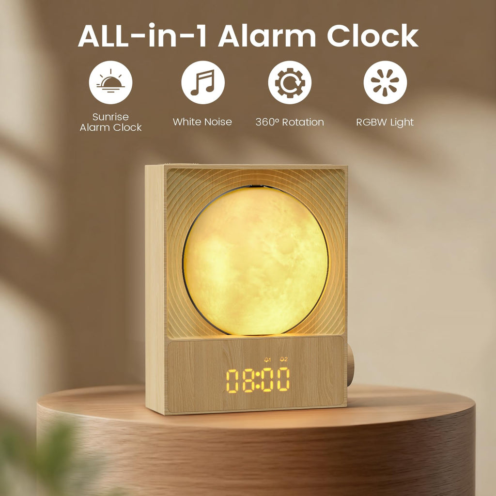 Epochleno Sunrise Alarm Clock, White Noise Machine & Meteor Moonlight - 10 Soothing Sounds, Dual Alarms, 30/60/90min Timer, Easy Snooze - Bedroom Gift for Insomnia Adults/Women - Wood Grain