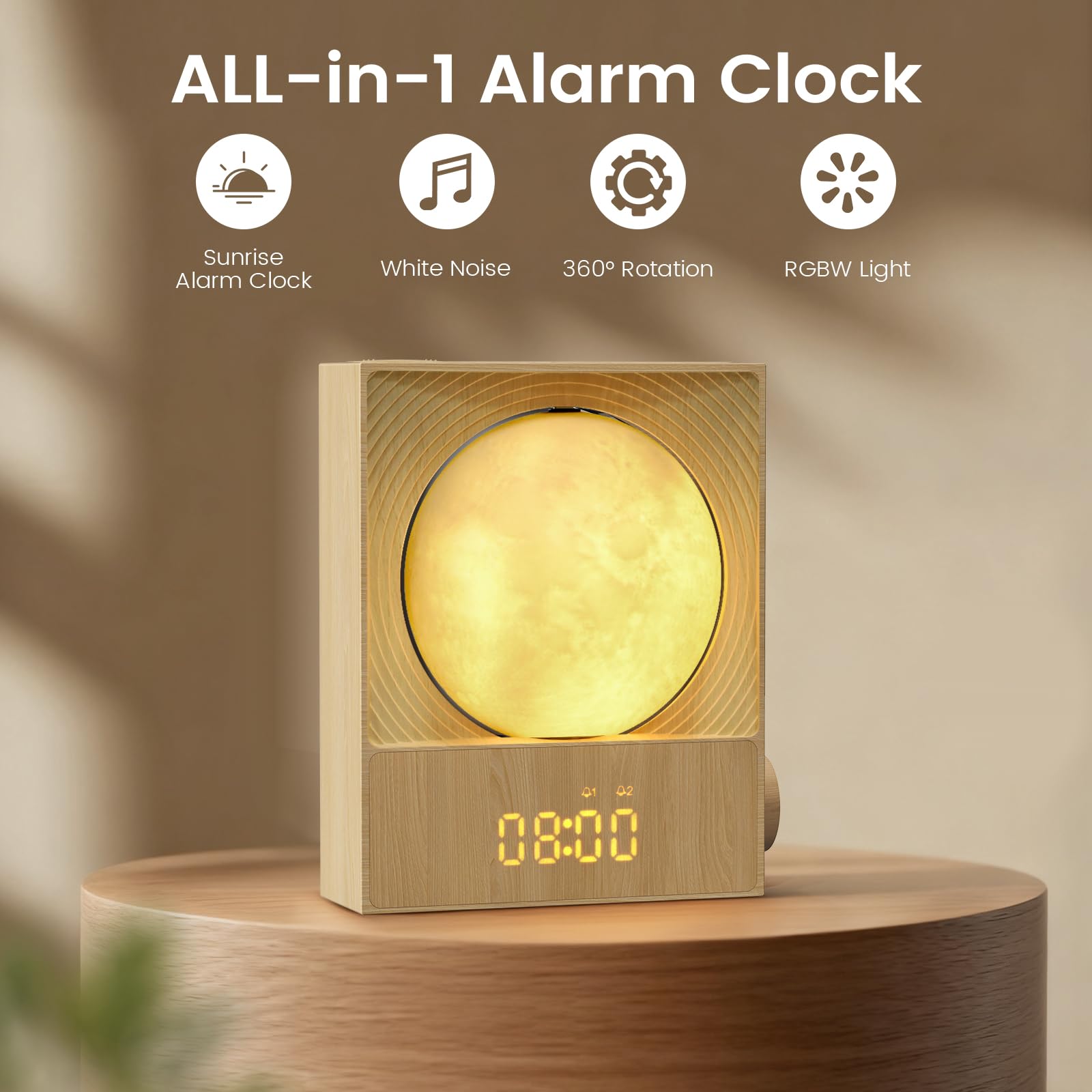 Epochleno Sunrise Alarm Clock, White Noise Machine & Meteor Moonlight - 10 Soothing Sounds, Dual Alarms, 30/60/90min Timer, Easy Snooze - Bedroom Gift for Insomnia Adults/Women - Wood Grain