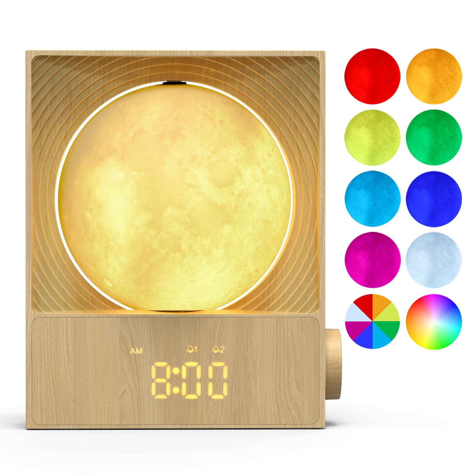 Epochleno Sunrise Alarm Clock, White Noise Machine & Meteor Moonlight - 10 Soothing Sounds, Dual Alarms, 30/60/90min Timer, Easy Snooze - Bedroom Gift for Insomnia Adults/Women - Wood Grain