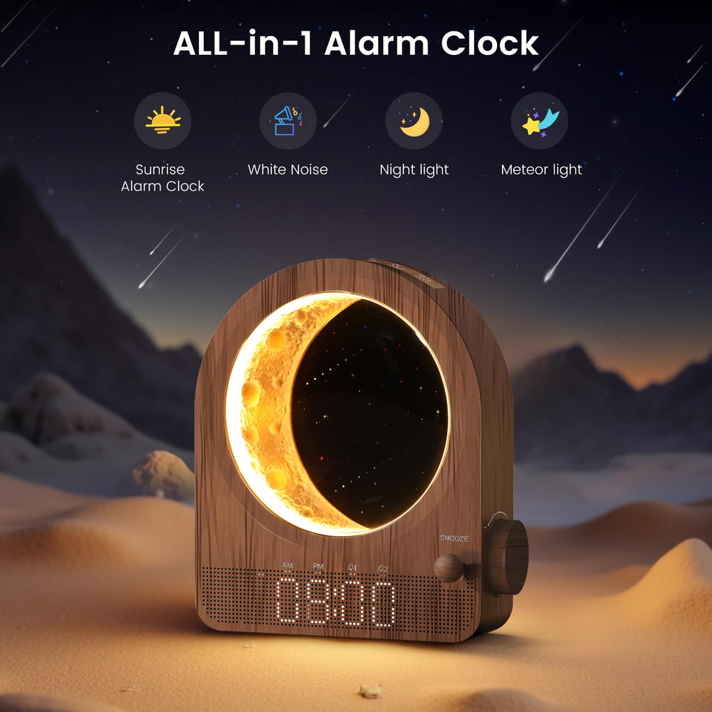 Epochleno Sunrise Alarm Clock, White Noise Machine & Meteor Moonlight - 10 Soothing Sounds, Dual Alarms, 30/60/90min Timer, Easy Snooze - Bedroom Gift for Insomnia Adults/Women - Wood Grain