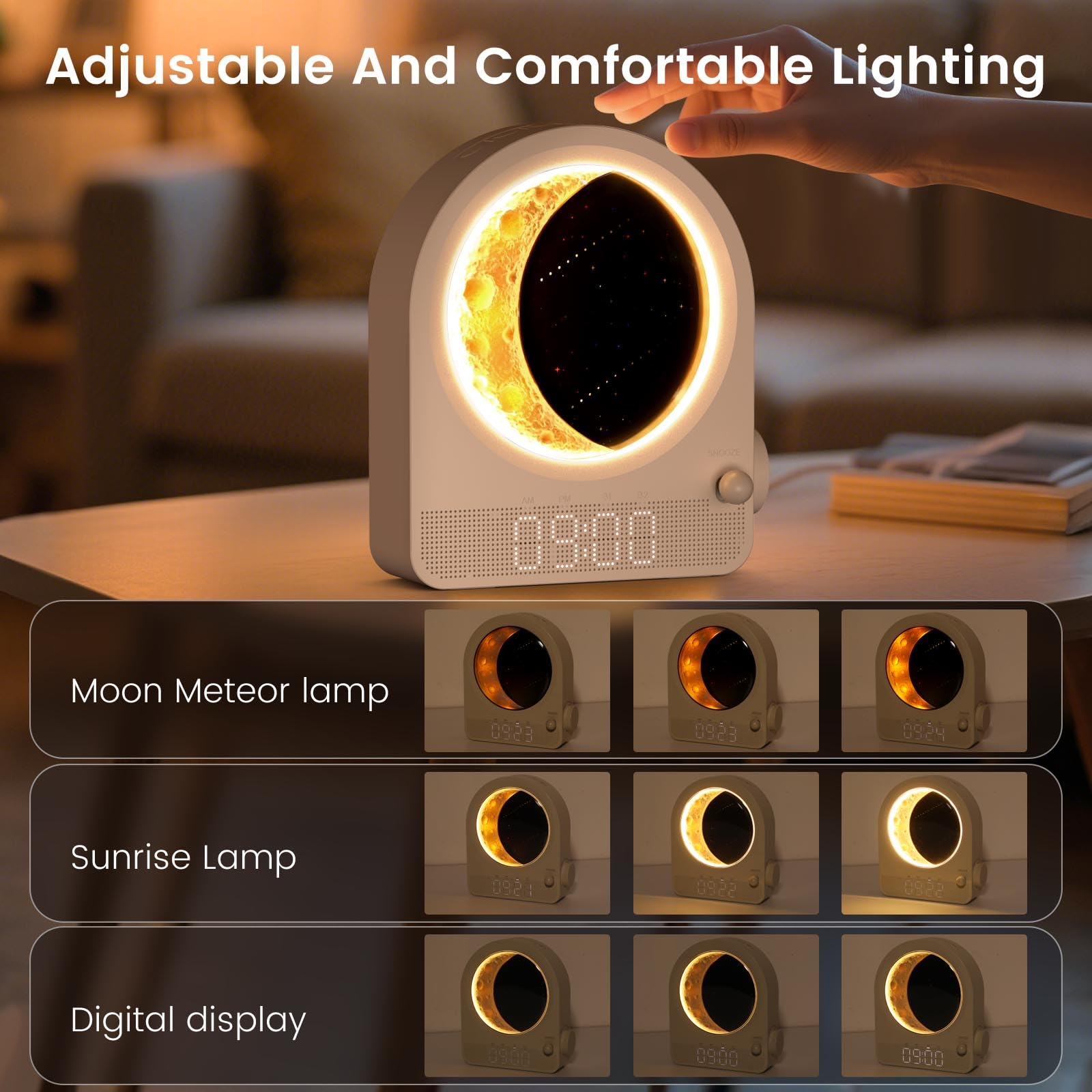Epochleno Sunrise Alarm Clock, White Noise Machine & Meteor Moonlight - 10 Soothing Sounds, Dual Alarms, 30/60/90min Timer, Easy Snooze - Bedroom Gift for Insomnia Adults/Women - Wood Grain