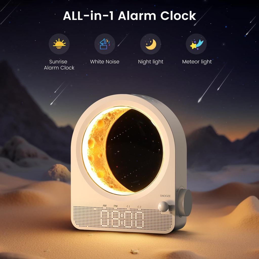 Epochleno Sunrise Alarm Clock, White Noise Machine & Meteor Moonlight - 10 Soothing Sounds, Dual Alarms, 30/60/90min Timer, Easy Snooze - Bedroom Gift for Insomnia Adults/Women - Wood Grain