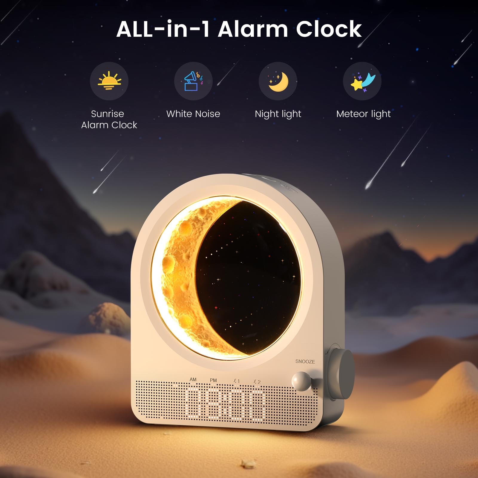 Epochleno Sunrise Alarm Clock, White Noise Machine & Meteor Moonlight - 10 Soothing Sounds, Dual Alarms, 30/60/90min Timer, Easy Snooze - Bedroom Gift for Insomnia Adults/Women - Wood Grain
