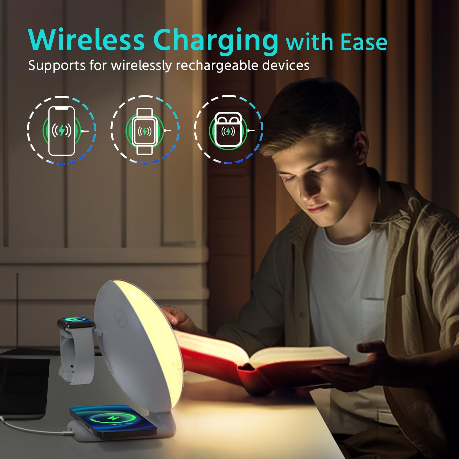 MOMILLA Sunrise Alarm Clock Smart, 3 in 1 Wireless Charging Station, App Control Sound Machine White Noise, Sunset Lamp, Night Light Wake up Light in Bedroom for Heavy Sleepers, Kids