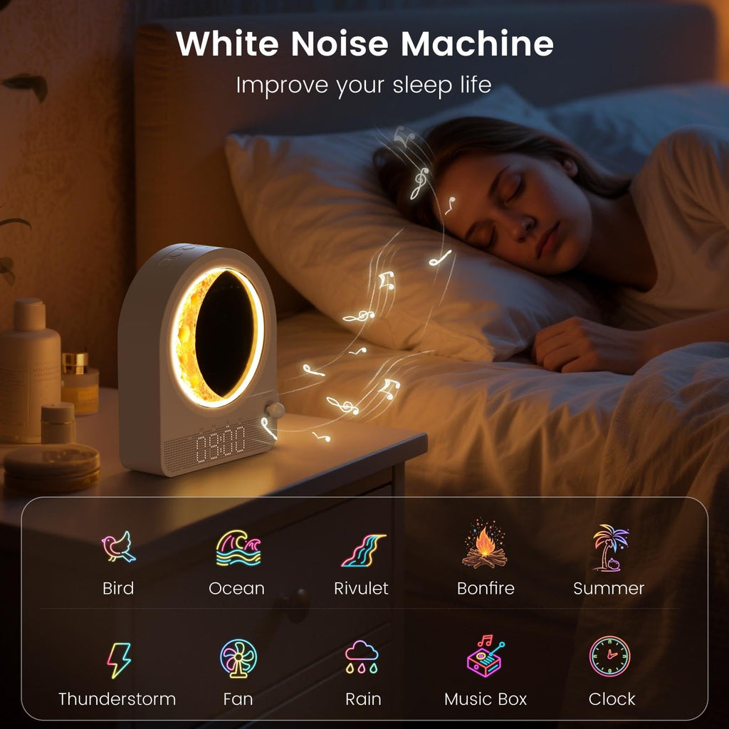 Epochleno Sunrise Alarm Clock, White Noise Machine & Meteor Moonlight - 10 Soothing Sounds, Dual Alarms, 30/60/90min Timer, Easy Snooze - Bedroom Gift for Insomnia Adults/Women - Wood Grain