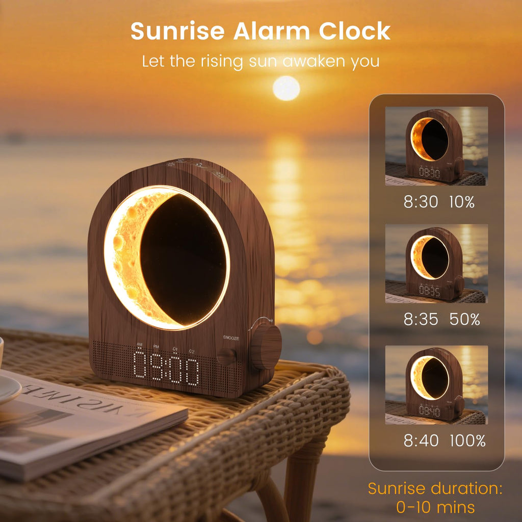 Epochleno Sunrise Alarm Clock, White Noise Machine & Meteor Moonlight - 10 Soothing Sounds, Dual Alarms, 30/60/90min Timer, Easy Snooze - Bedroom Gift for Insomnia Adults/Women - Wood Grain