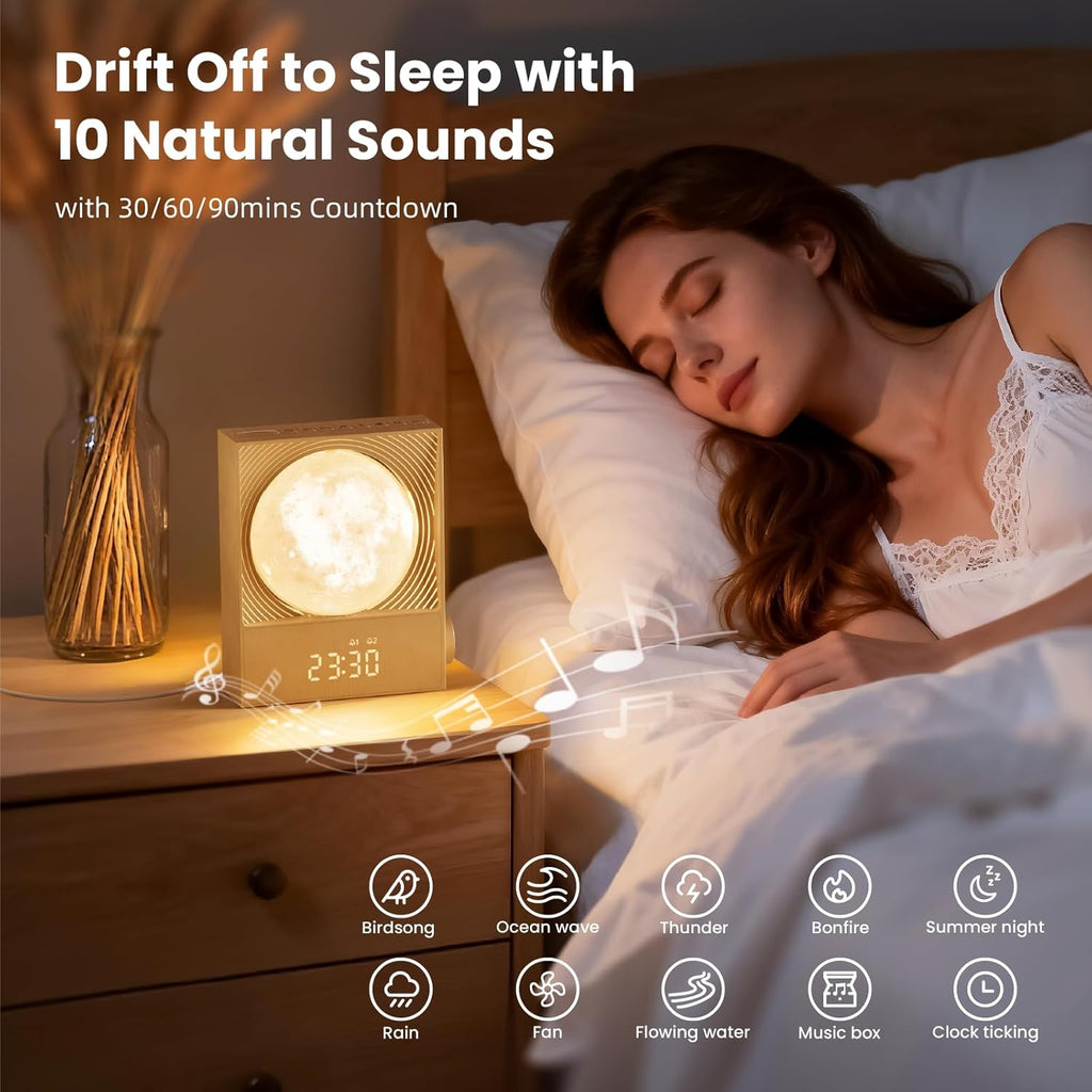 Sunrise Alarm Clocks for Heavy Sleepers,Night Lamp Clocks for Bedrooms with Moon Light,10 Light Effects,30/60/90 Timer,10 Sleep Nature Sounds,15 Ringtones,12 Volume Control with Snooze Function