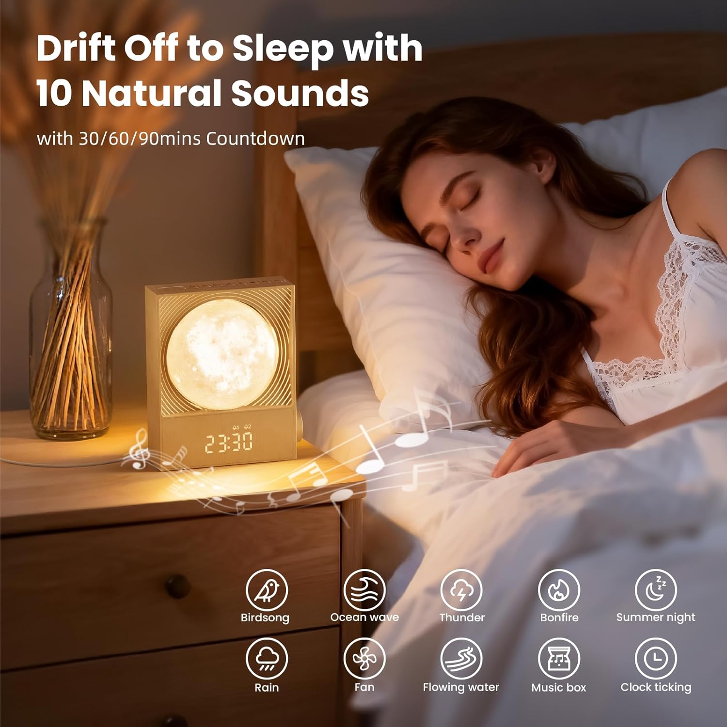 Sunrise Alarm Clocks for Heavy Sleepers,Night Lamp Clocks for Bedrooms with Moon Light,10 Light Effects,30/60/90 Timer,10 Sleep Nature Sounds,15 Ringtones,12 Volume Control with Snooze Function