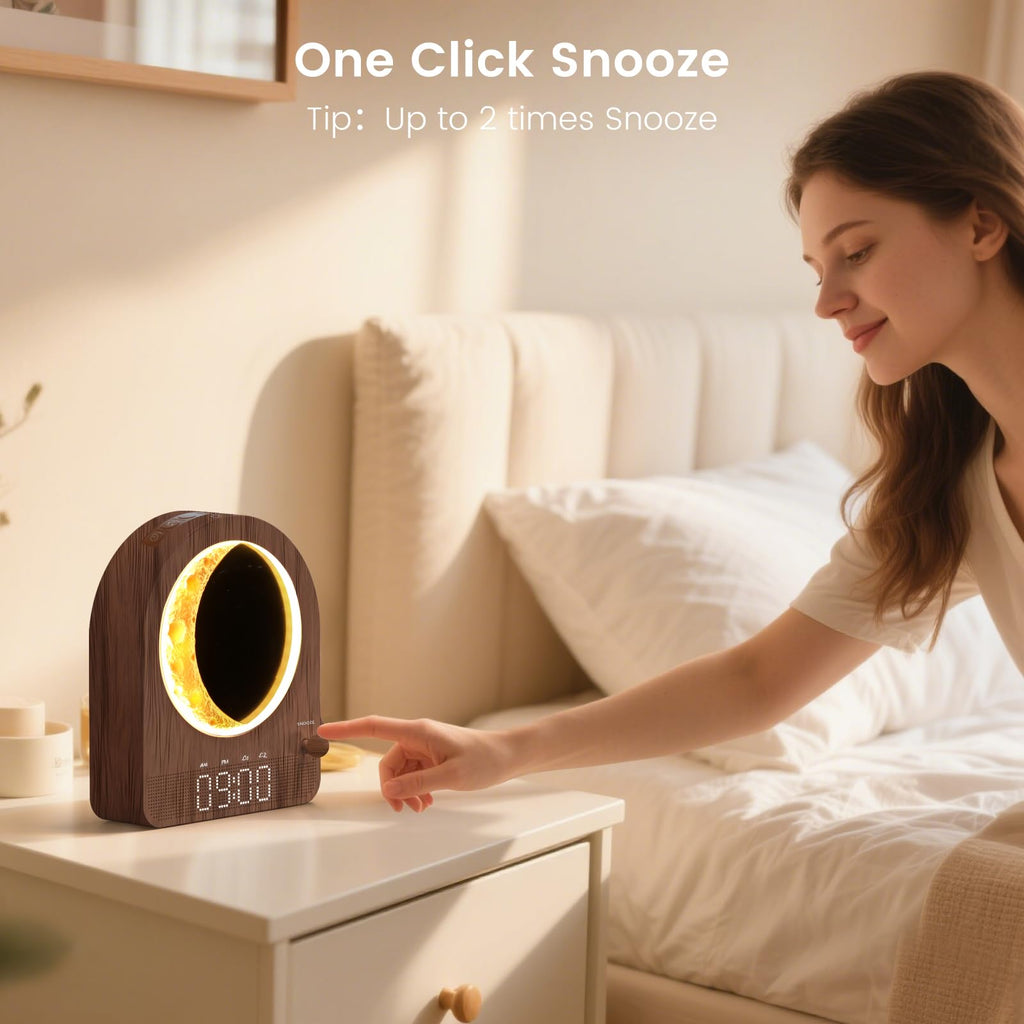 Epochleno Sunrise Alarm Clock, White Noise Machine & Meteor Moonlight - 10 Soothing Sounds, Dual Alarms, 30/60/90min Timer, Easy Snooze - Bedroom Gift for Insomnia Adults/Women - Wood Grain