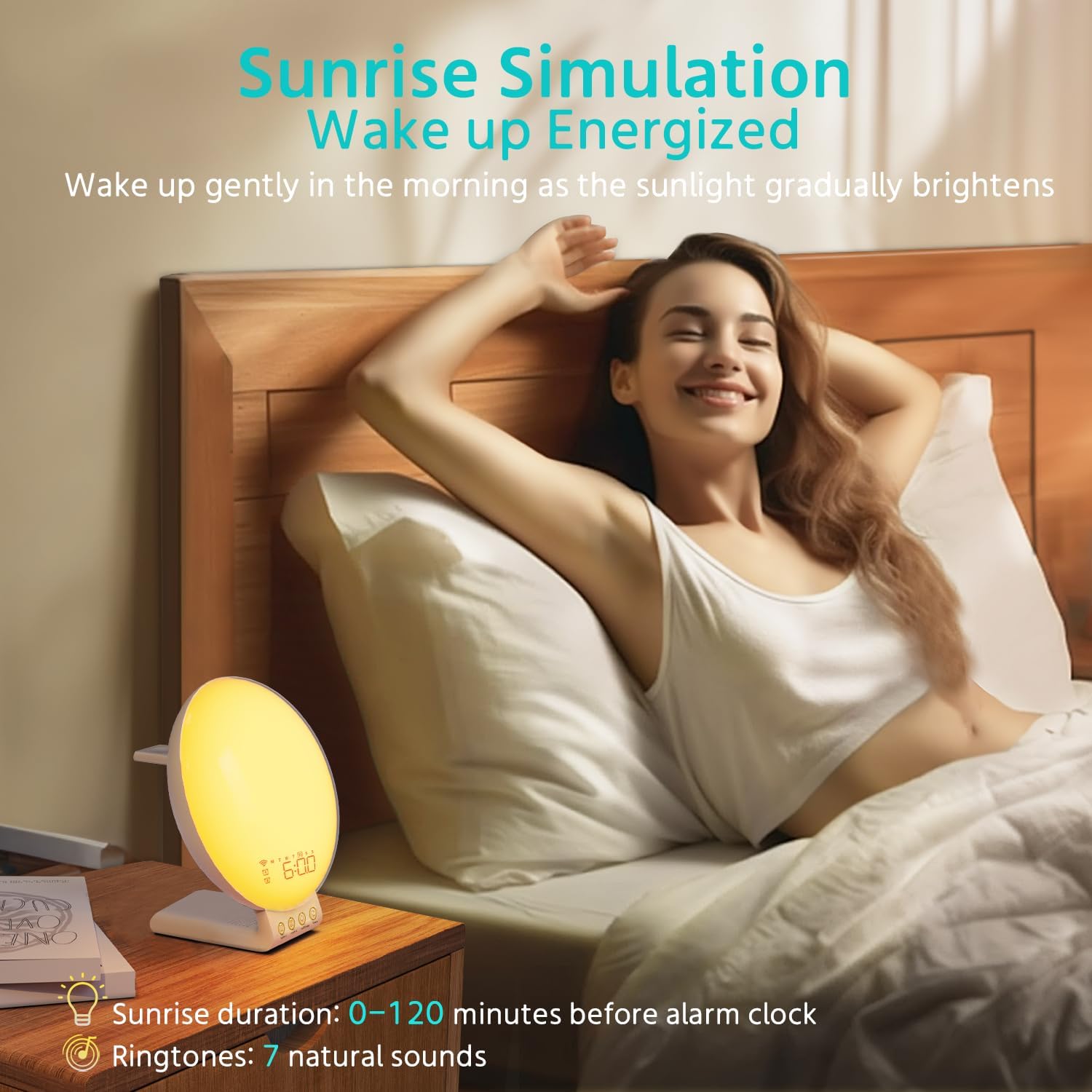 MOMILLA Sunrise Alarm Clock Smart, 3 in 1 Wireless Charging Station, App Control Sound Machine White Noise, Sunset Lamp, Night Light Wake up Light in Bedroom for Heavy Sleepers, Kids