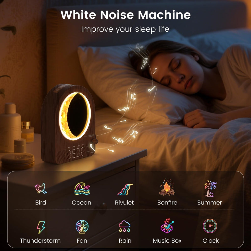 Epochleno Sunrise Alarm Clock, White Noise Machine & Meteor Moonlight - 10 Soothing Sounds, Dual Alarms, 30/60/90min Timer, Easy Snooze - Bedroom Gift for Insomnia Adults/Women - Wood Grain