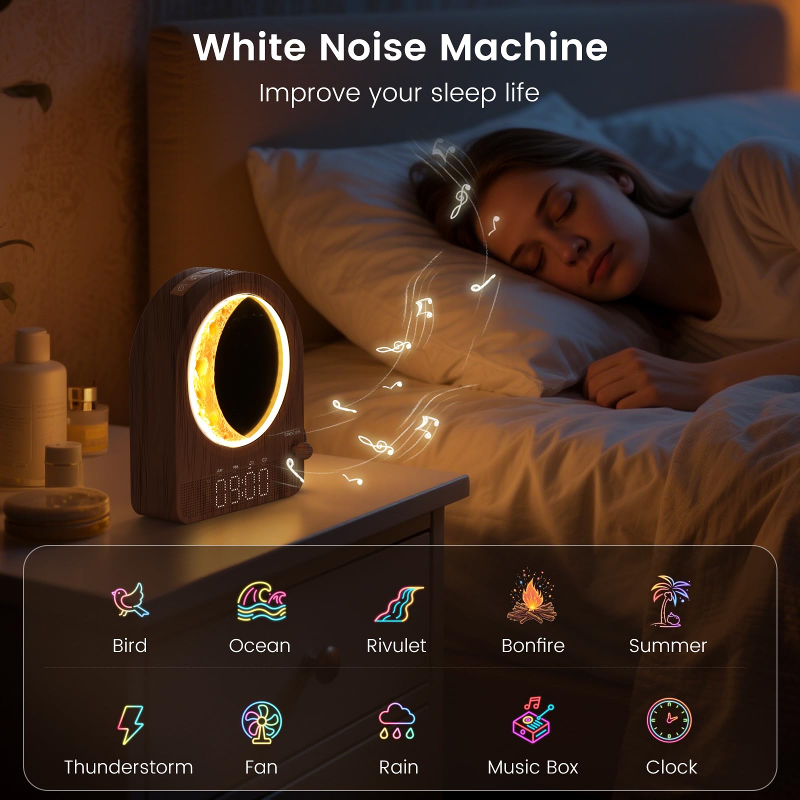 Epochleno Sunrise Alarm Clock, White Noise Machine & Meteor Moonlight - 10 Soothing Sounds, Dual Alarms, 30/60/90min Timer, Easy Snooze - Bedroom Gift for Insomnia Adults/Women - Wood Grain