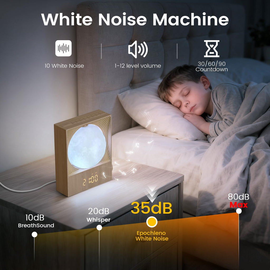 Epochleno Sunrise Alarm Clock, White Noise Machine & Meteor Moonlight - 10 Soothing Sounds, Dual Alarms, 30/60/90min Timer, Easy Snooze - Bedroom Gift for Insomnia Adults/Women - Wood Grain