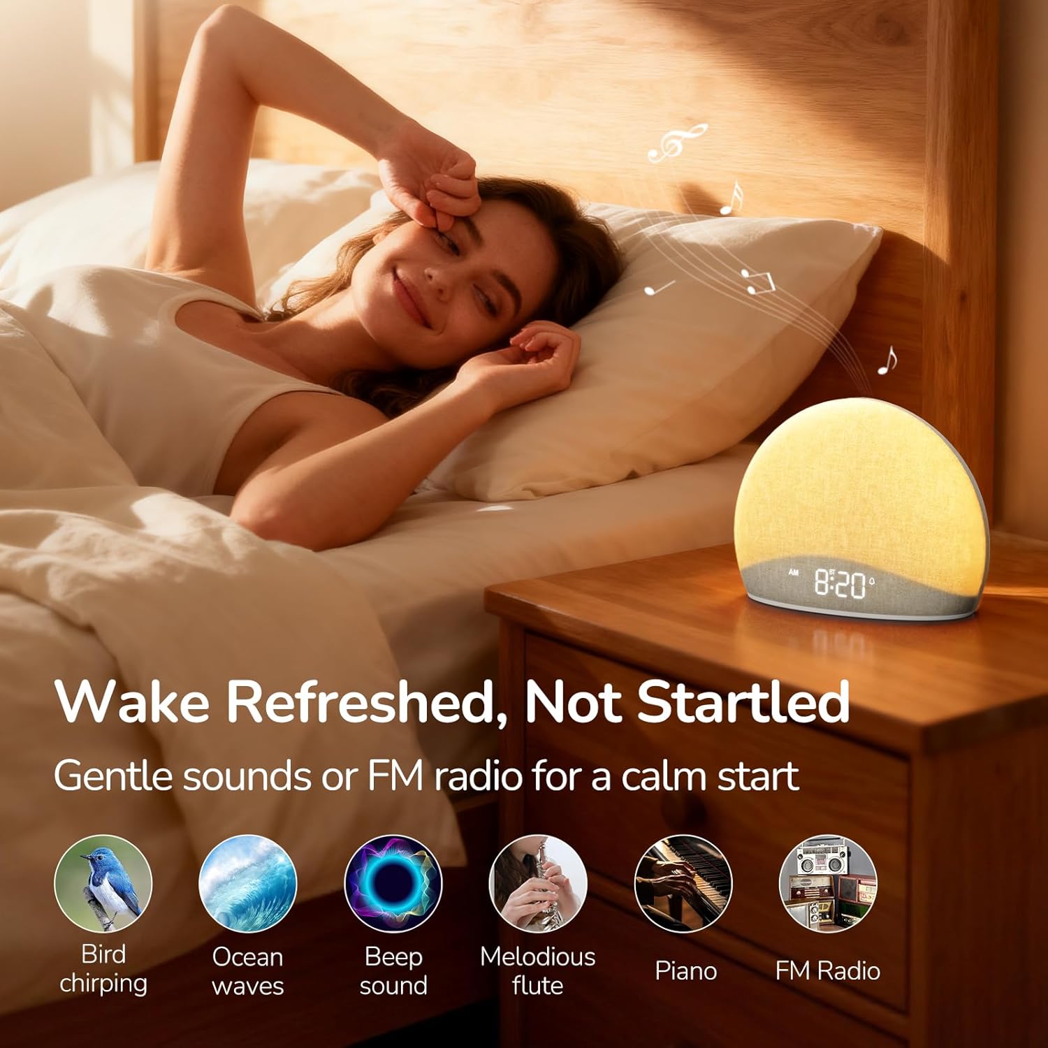 HOUSBAY Sunrise Alarm Clock Radio for Bedroom – Wake Up Naturally with Gentle Light & Nature Sounds, Relax with Bluetooth Speaker & Night Light