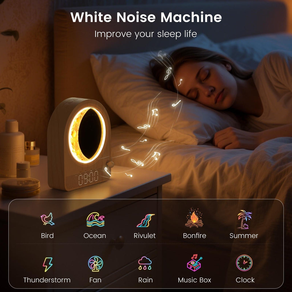 Epochleno Sunrise Alarm Clock, White Noise Machine & Meteor Moonlight - 10 Soothing Sounds, Dual Alarms, 30/60/90min Timer, Easy Snooze - Bedroom Gift for Insomnia Adults/Women - Wood Grain