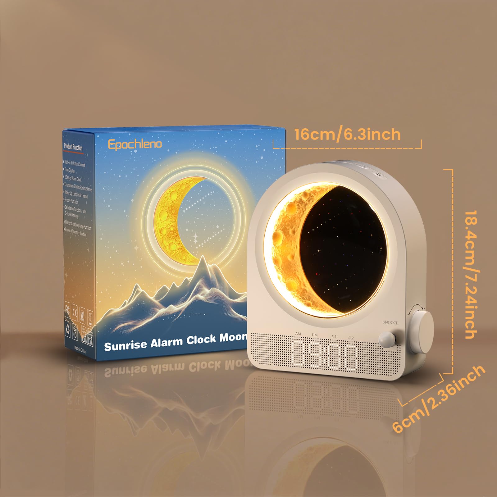 Epochleno Sunrise Alarm Clock, White Noise Machine & Meteor Moonlight - 10 Soothing Sounds, Dual Alarms, 30/60/90min Timer, Easy Snooze - Bedroom Gift for Insomnia Adults/Women - Wood Grain