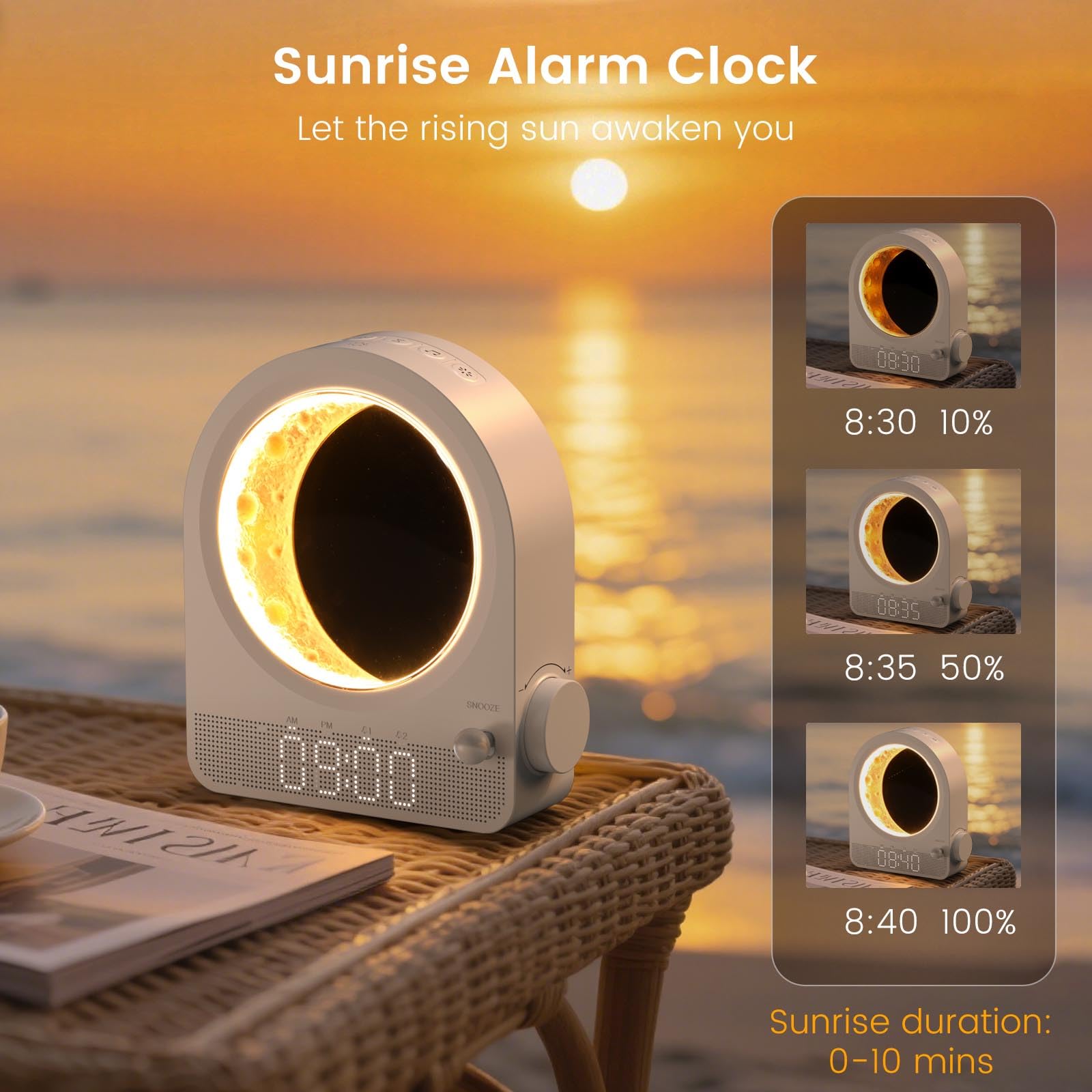 Epochleno Sunrise Alarm Clock, White Noise Machine & Meteor Moonlight - 10 Soothing Sounds, Dual Alarms, 30/60/90min Timer, Easy Snooze - Bedroom Gift for Insomnia Adults/Women - Wood Grain