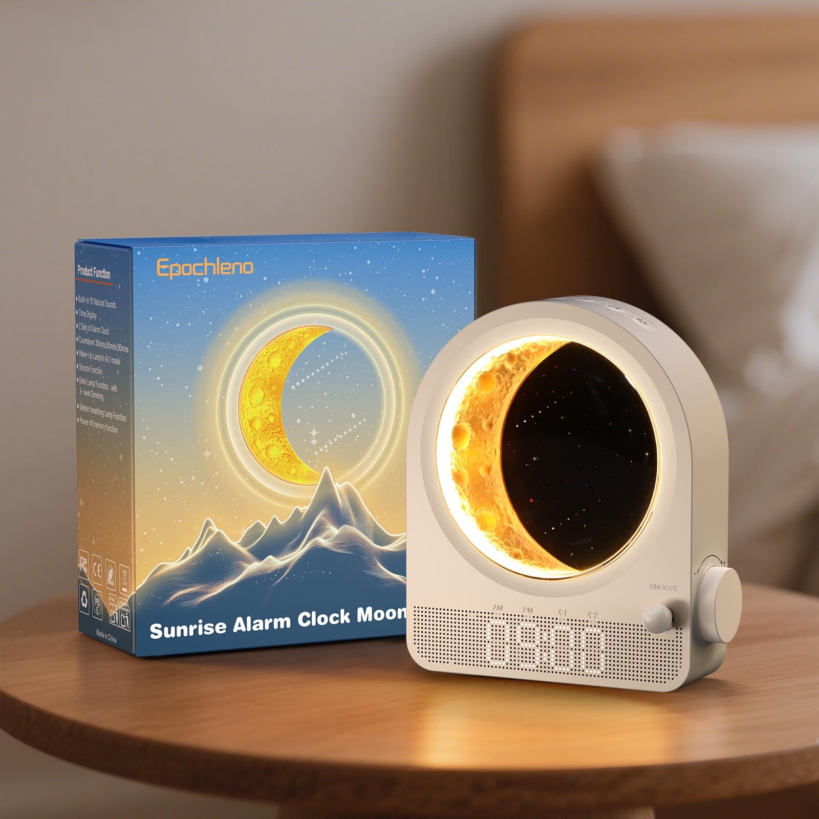 Epochleno Sunrise Alarm Clock, White Noise Machine & Meteor Moonlight - 10 Soothing Sounds, Dual Alarms, 30/60/90min Timer, Easy Snooze - Bedroom Gift for Insomnia Adults/Women - Wood Grain