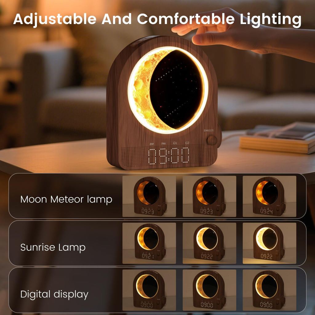 Epochleno Sunrise Alarm Clock, White Noise Machine & Meteor Moonlight - 10 Soothing Sounds, Dual Alarms, 30/60/90min Timer, Easy Snooze - Bedroom Gift for Insomnia Adults/Women - Wood Grain