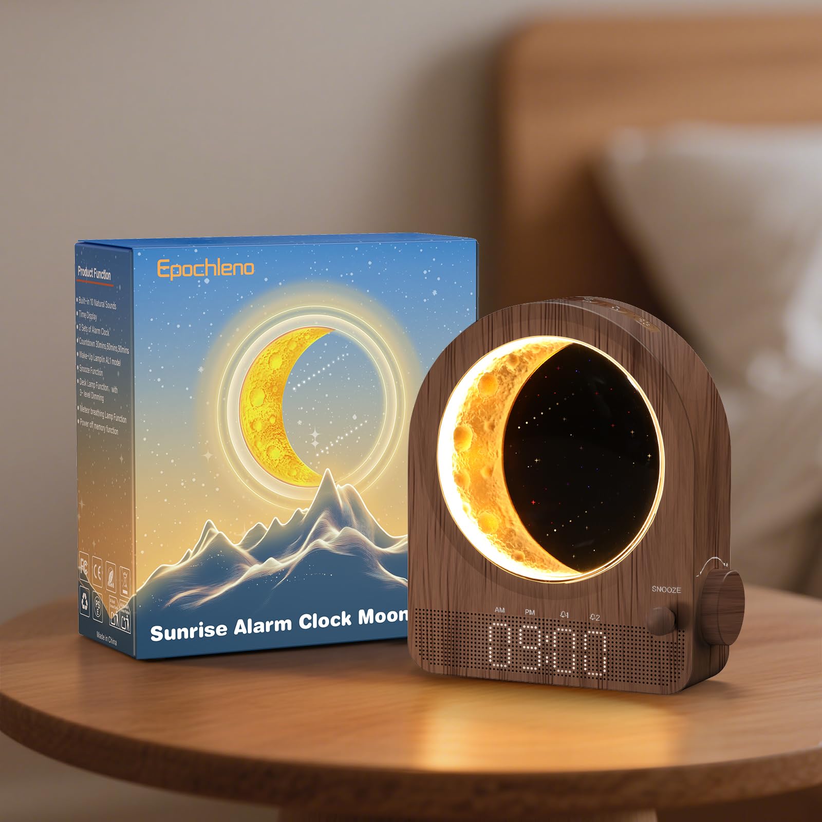 Epochleno Sunrise Alarm Clock, White Noise Machine & Meteor Moonlight - 10 Soothing Sounds, Dual Alarms, 30/60/90min Timer, Easy Snooze - Bedroom Gift for Insomnia Adults/Women - Wood Grain