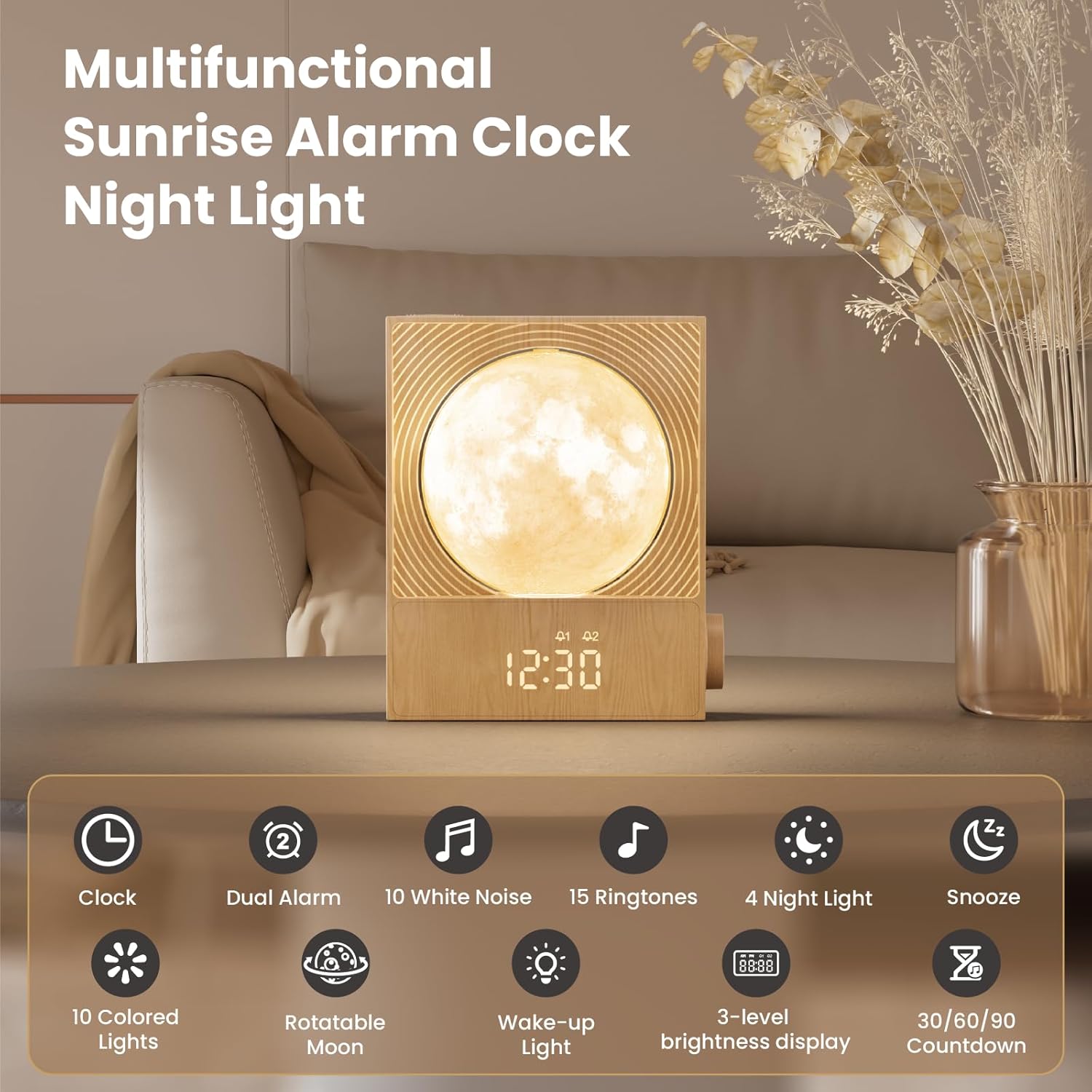 Sunrise Alarm Clocks for Heavy Sleepers,Night Lamp Clocks for Bedrooms with Moon Light,10 Light Effects,30/60/90 Timer,10 Sleep Nature Sounds,15 Ringtones,12 Volume Control with Snooze Function