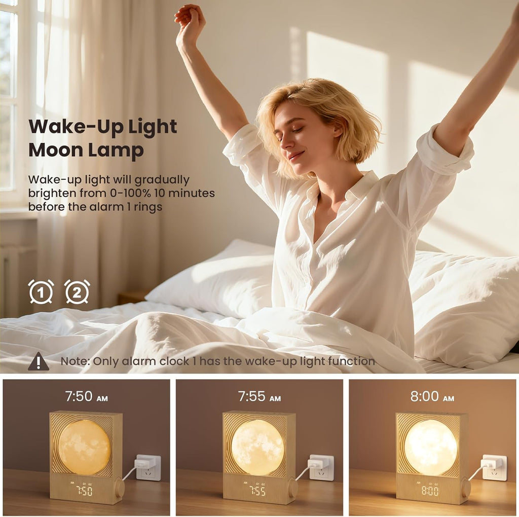 Sunrise Alarm Clocks for Heavy Sleepers,Night Lamp Clocks for Bedrooms with Moon Light,10 Light Effects,30/60/90 Timer,10 Sleep Nature Sounds,15 Ringtones,12 Volume Control with Snooze Function