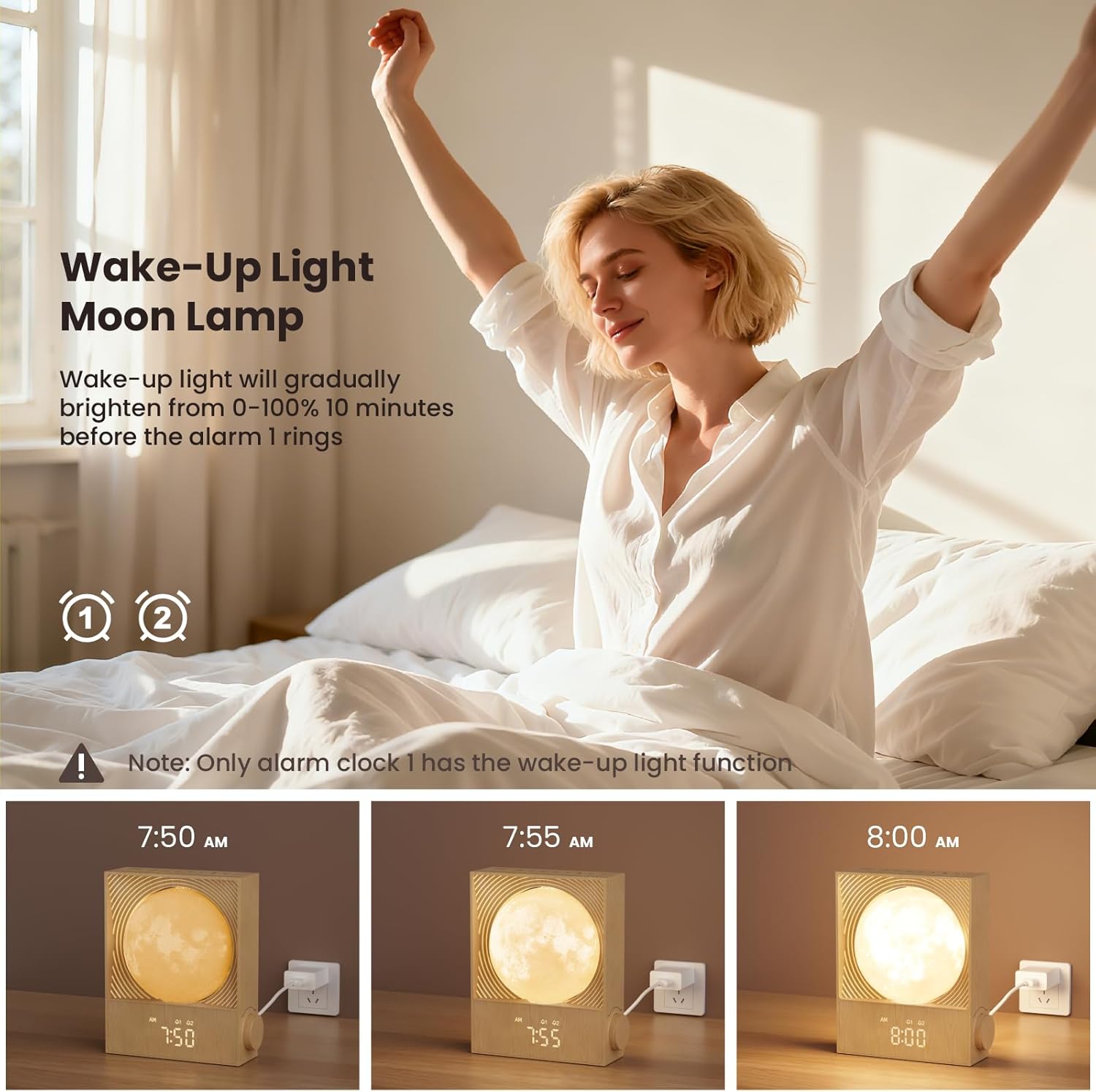 Sunrise Alarm Clocks for Heavy Sleepers,Night Lamp Clocks for Bedrooms with Moon Light,10 Light Effects,30/60/90 Timer,10 Sleep Nature Sounds,15 Ringtones,12 Volume Control with Snooze Function