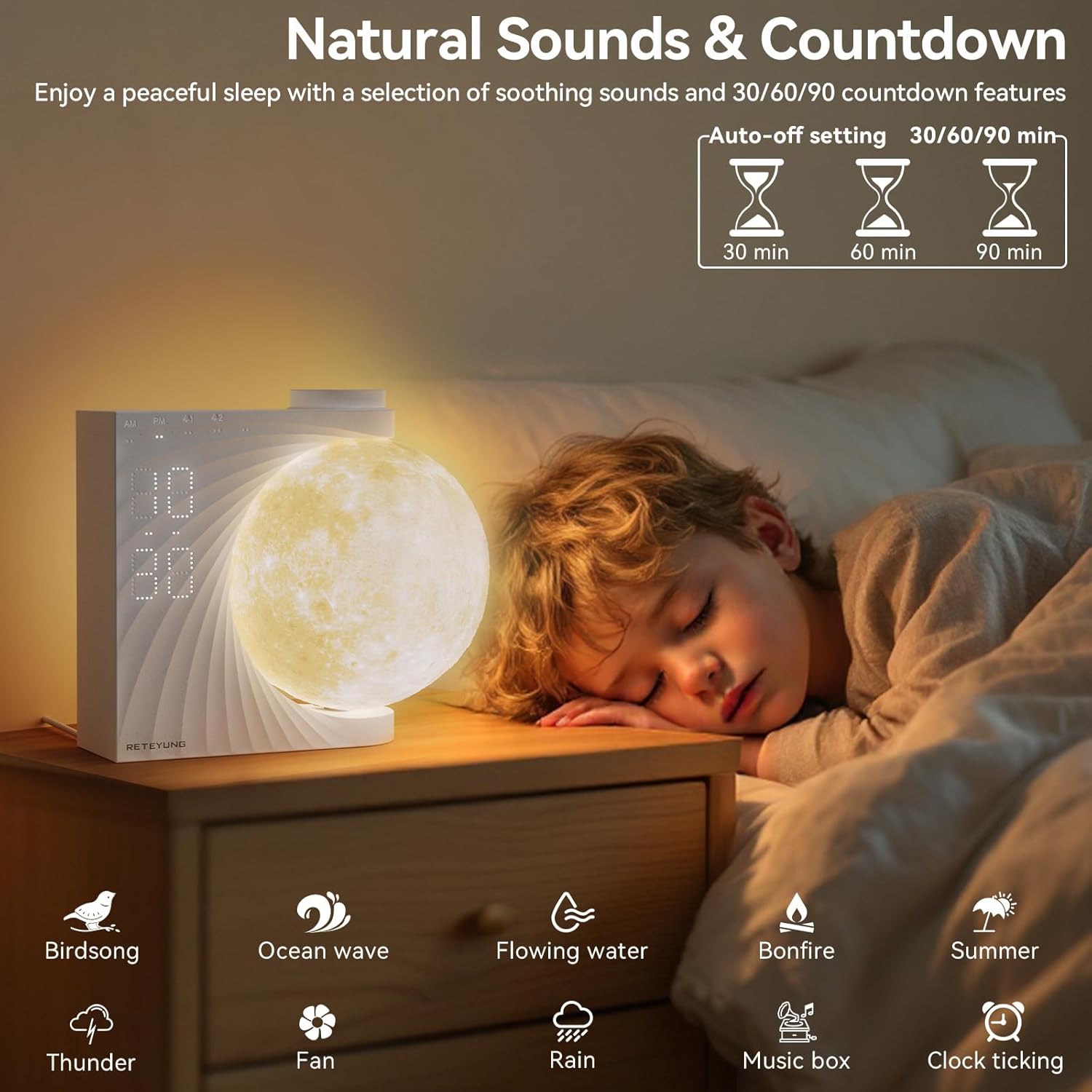 Sunrise Alarm Clocks for Heavy Sleepers,Night Lamp Clocks for Bedrooms with Moon Light,10 Light Effects,30/60/90 Timer,10 Sleep Nature Sounds,15 Ringtones,12 Volume Control with Snooze Function