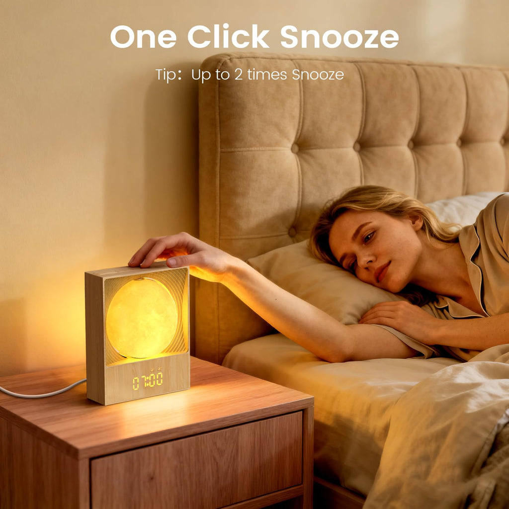 Epochleno Sunrise Alarm Clock, White Noise Machine & Meteor Moonlight - 10 Soothing Sounds, Dual Alarms, 30/60/90min Timer, Easy Snooze - Bedroom Gift for Insomnia Adults/Women - Wood Grain