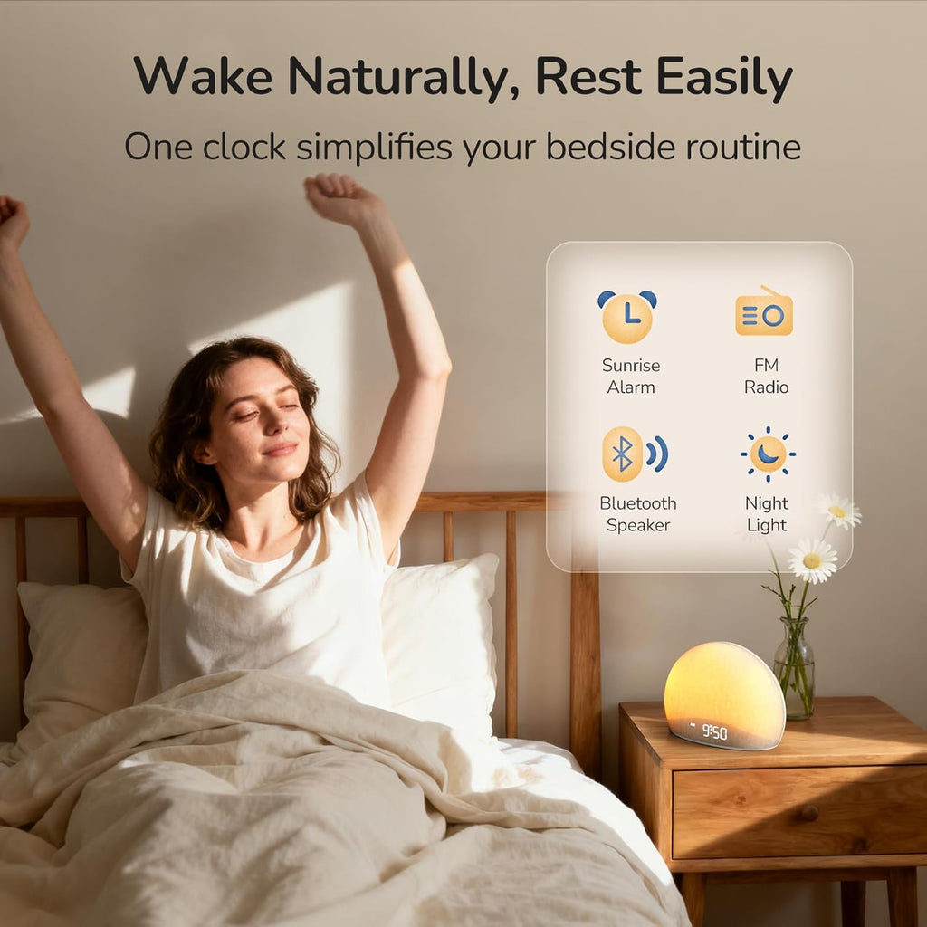 HOUSBAY Sunrise Alarm Clock Radio for Bedroom – Wake Up Naturally with Gentle Light & Nature Sounds, Relax with Bluetooth Speaker & Night Light