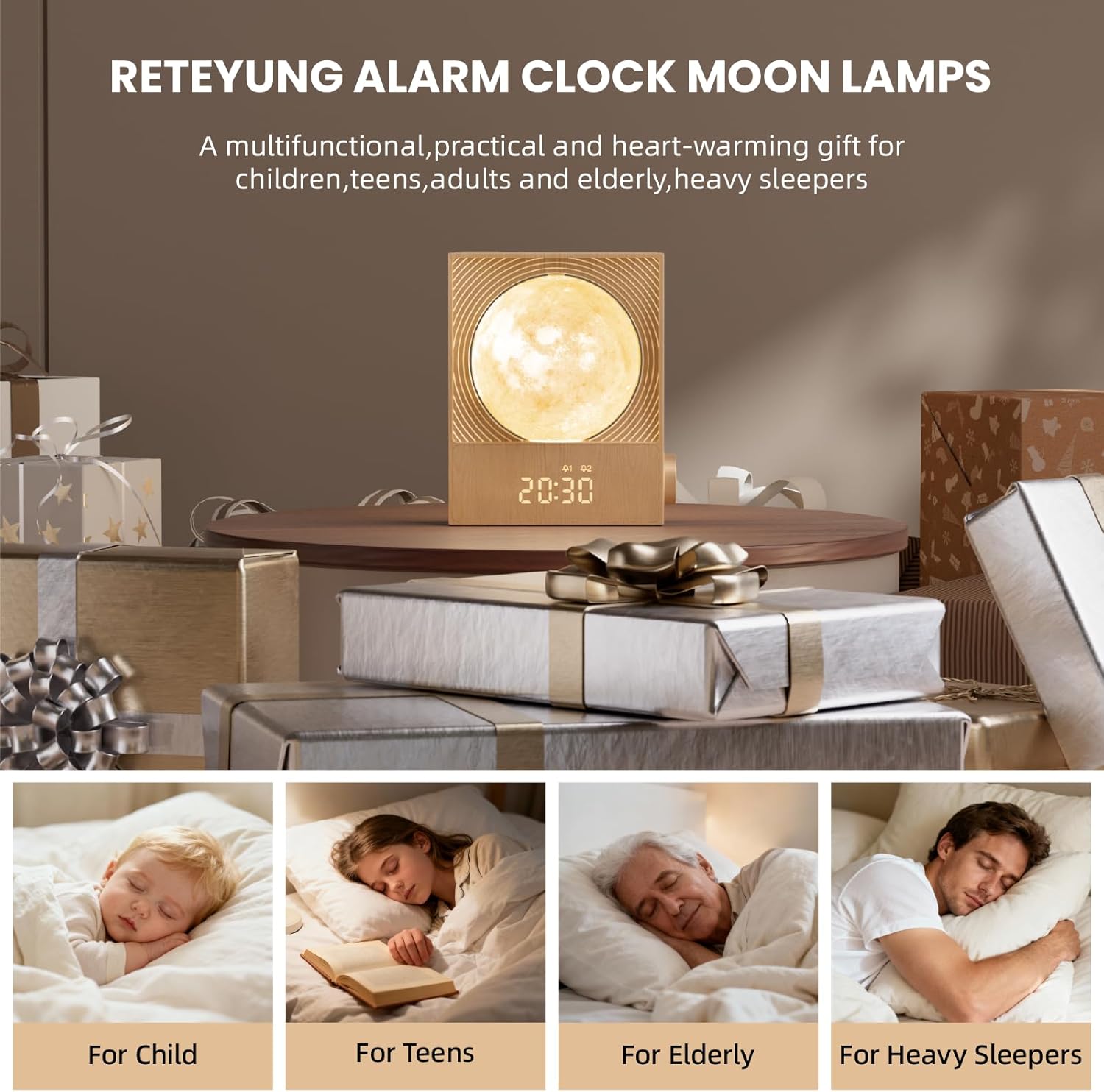 Sunrise Alarm Clocks for Heavy Sleepers,Night Lamp Clocks for Bedrooms with Moon Light,10 Light Effects,30/60/90 Timer,10 Sleep Nature Sounds,15 Ringtones,12 Volume Control with Snooze Function
