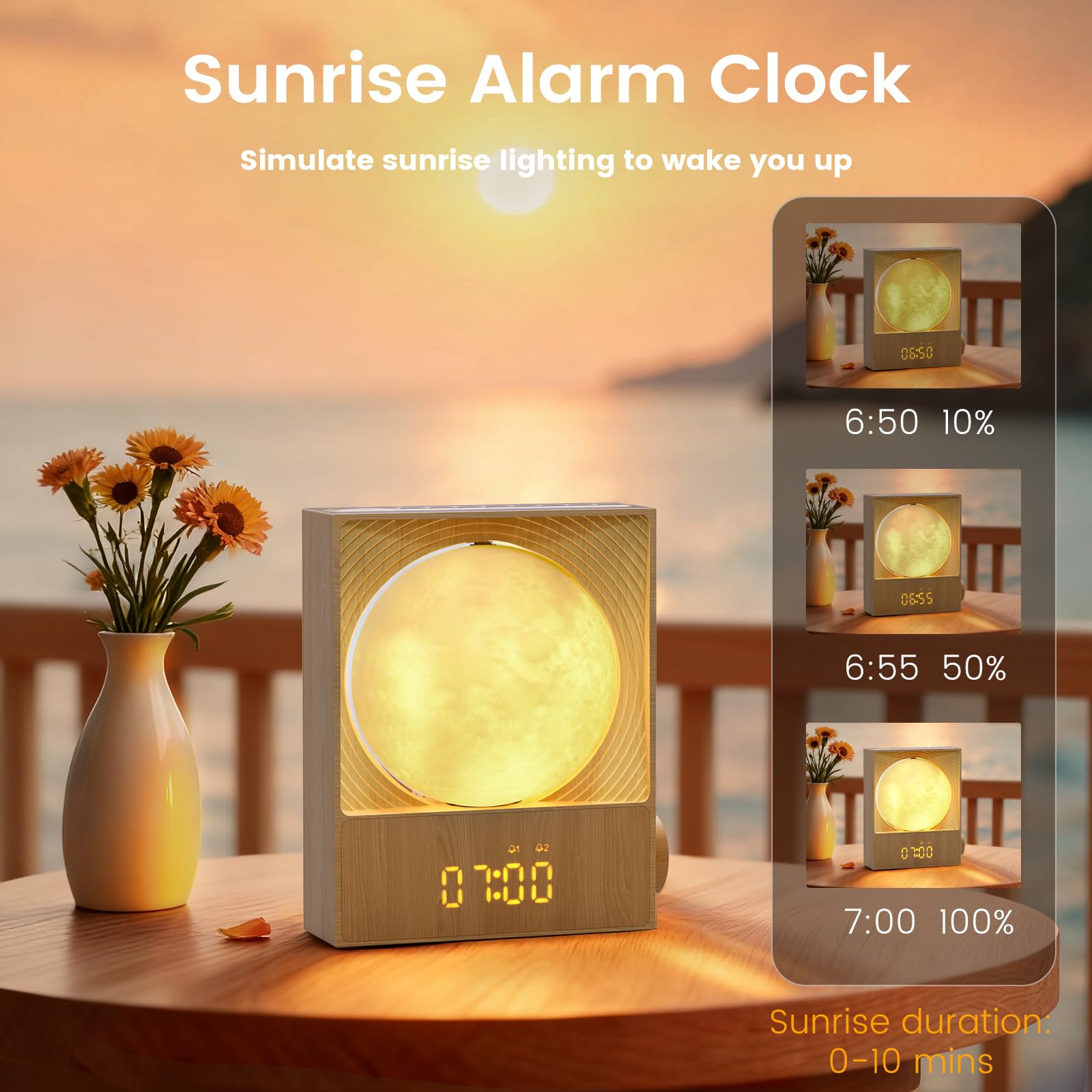 Epochleno Sunrise Alarm Clock, White Noise Machine & Meteor Moonlight - 10 Soothing Sounds, Dual Alarms, 30/60/90min Timer, Easy Snooze - Bedroom Gift for Insomnia Adults/Women - Wood Grain